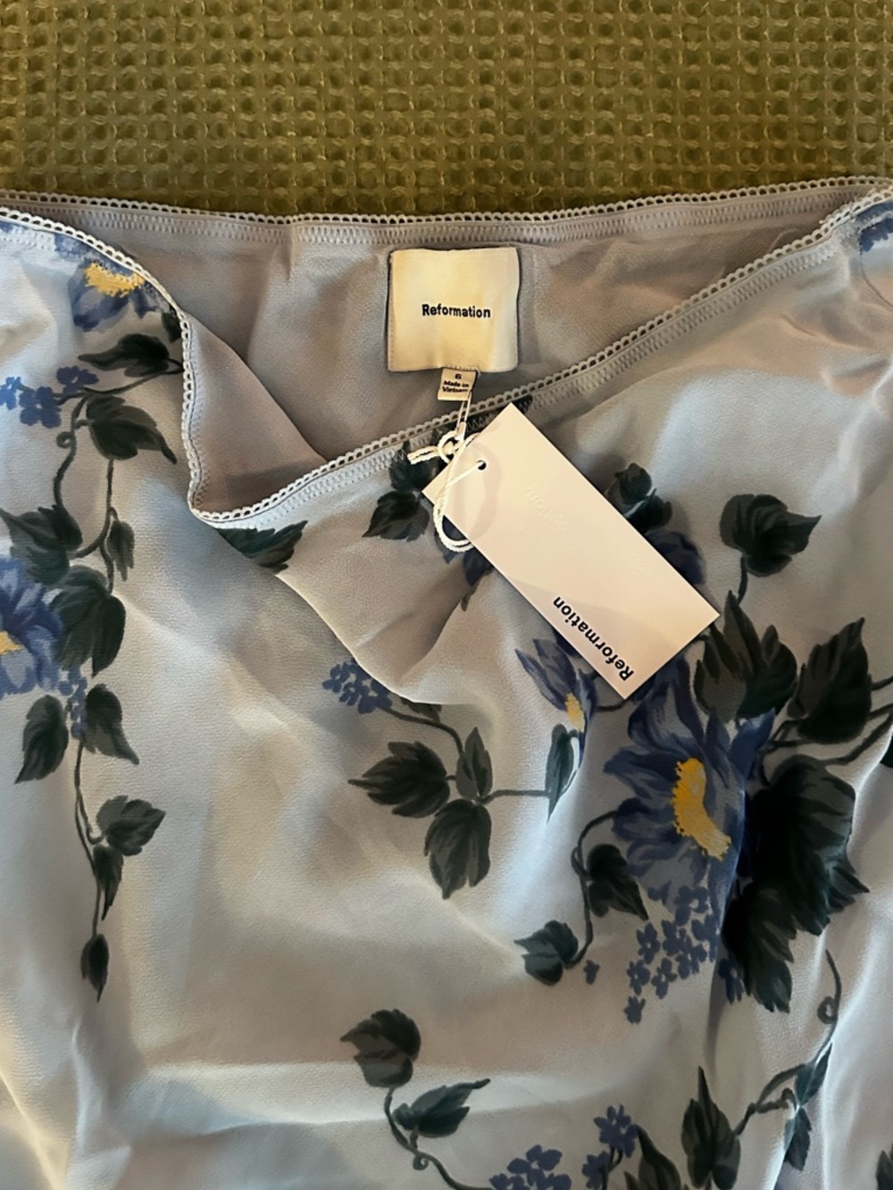Reformation Blue Floral Slip Skirt with Navy and Yellow Blooms